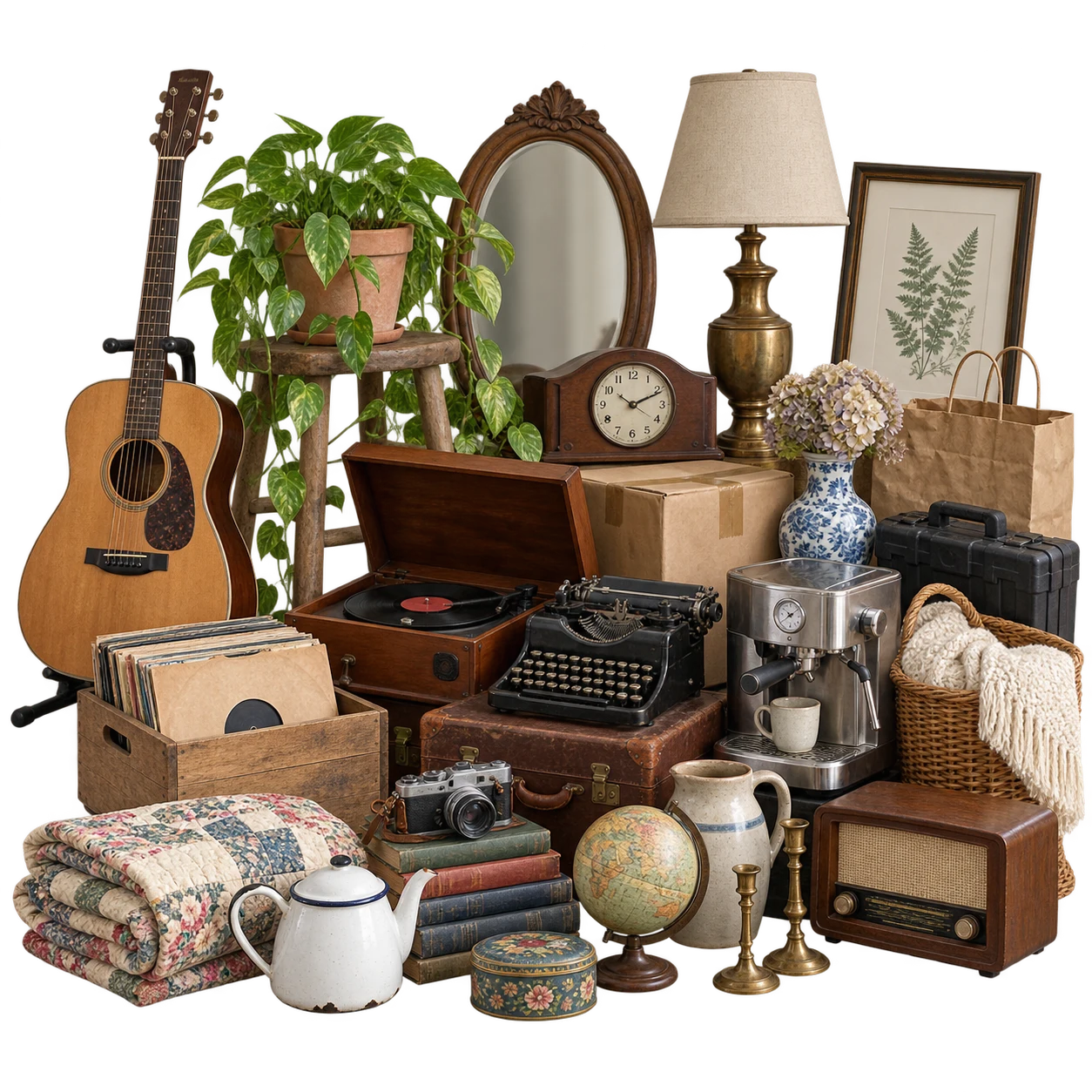 A layered collection of vintage and everyday pickups: a guitar, plant on a stool, antique mirror, mantel clock, record player, typewriter, records, leather suitcase, books, camera, ceramics, quilt, radio, lamp, parcels, and more.